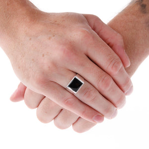 Square Stone Set Onyx Silver Signet Ring On Hand - Brighton Silver