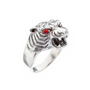 Silver Stone Set Garnet Tigers Head Ring - Brighton Silver