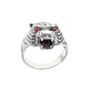 Silver Stone Set Garnet Tigers Head Ring - Brighton Silver