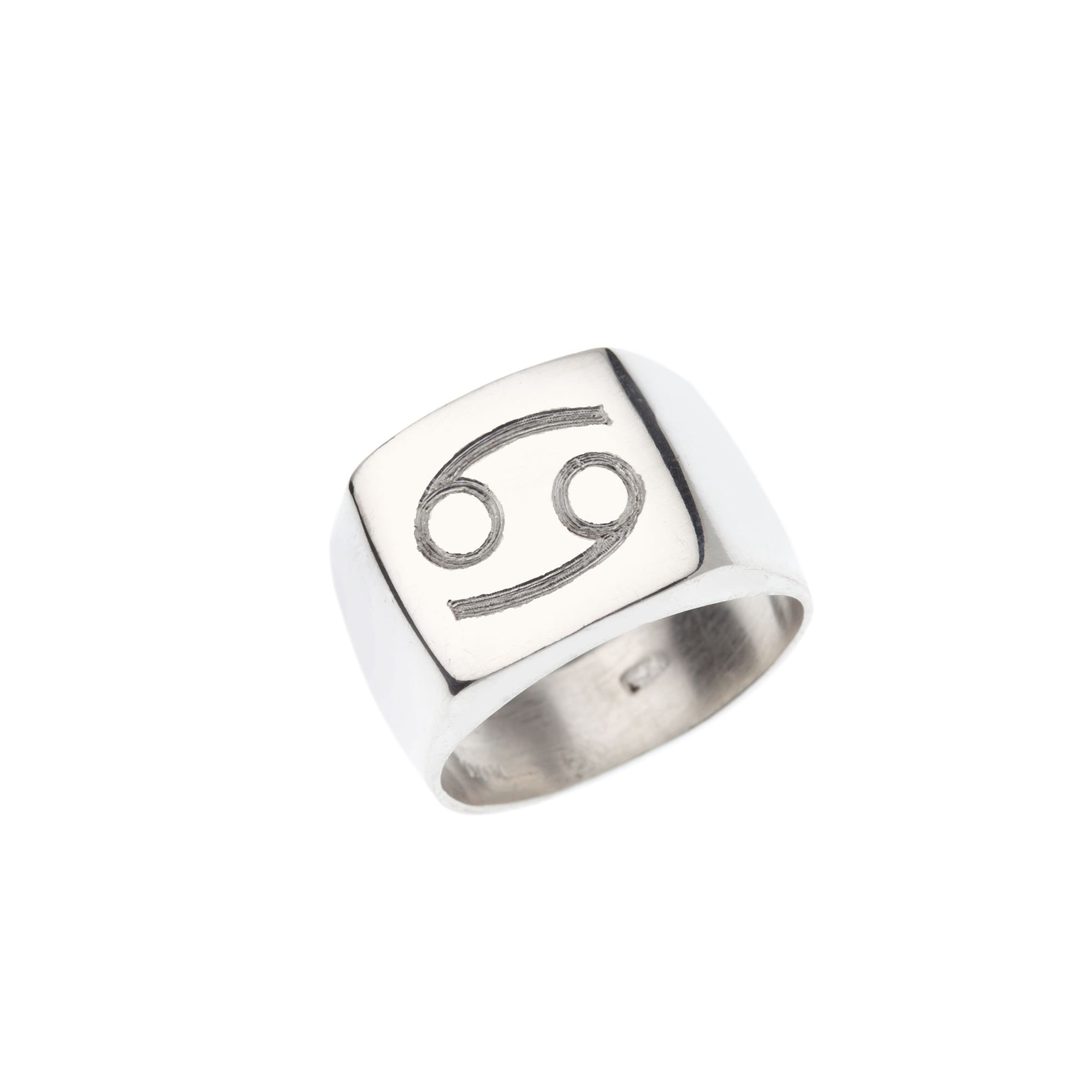Square silver signet ring with engraved Cancer symbol.