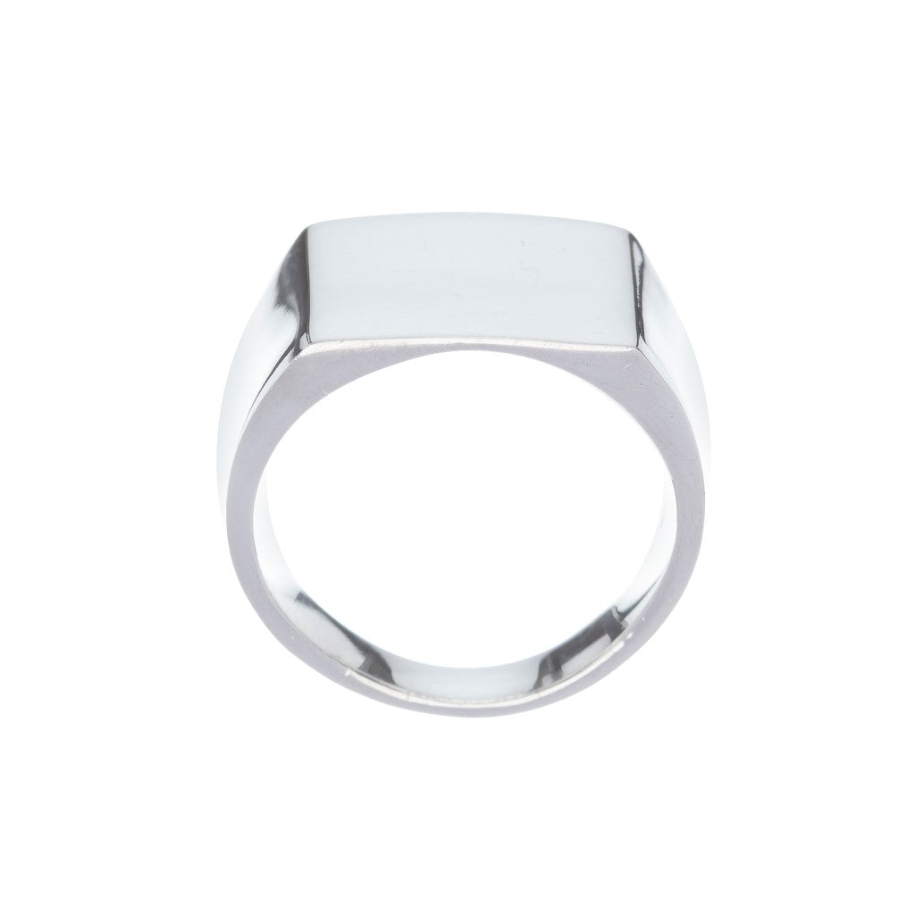 Square silver signet ring with engraved Cancer symbol.