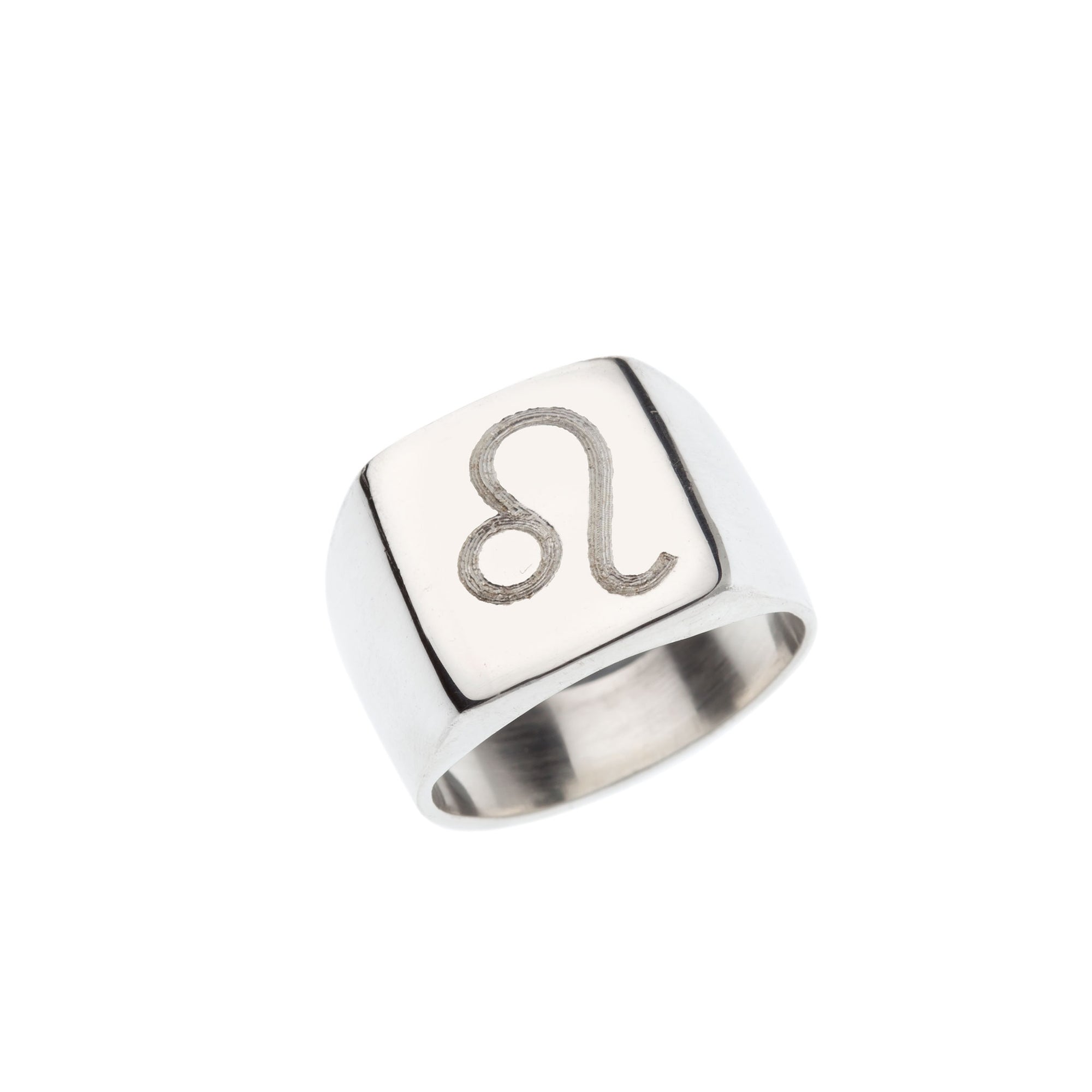 Square silver signet ring with engraved Leo symbol.