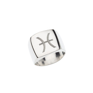 Square silver signet ring with engraved Pisces symbol.
