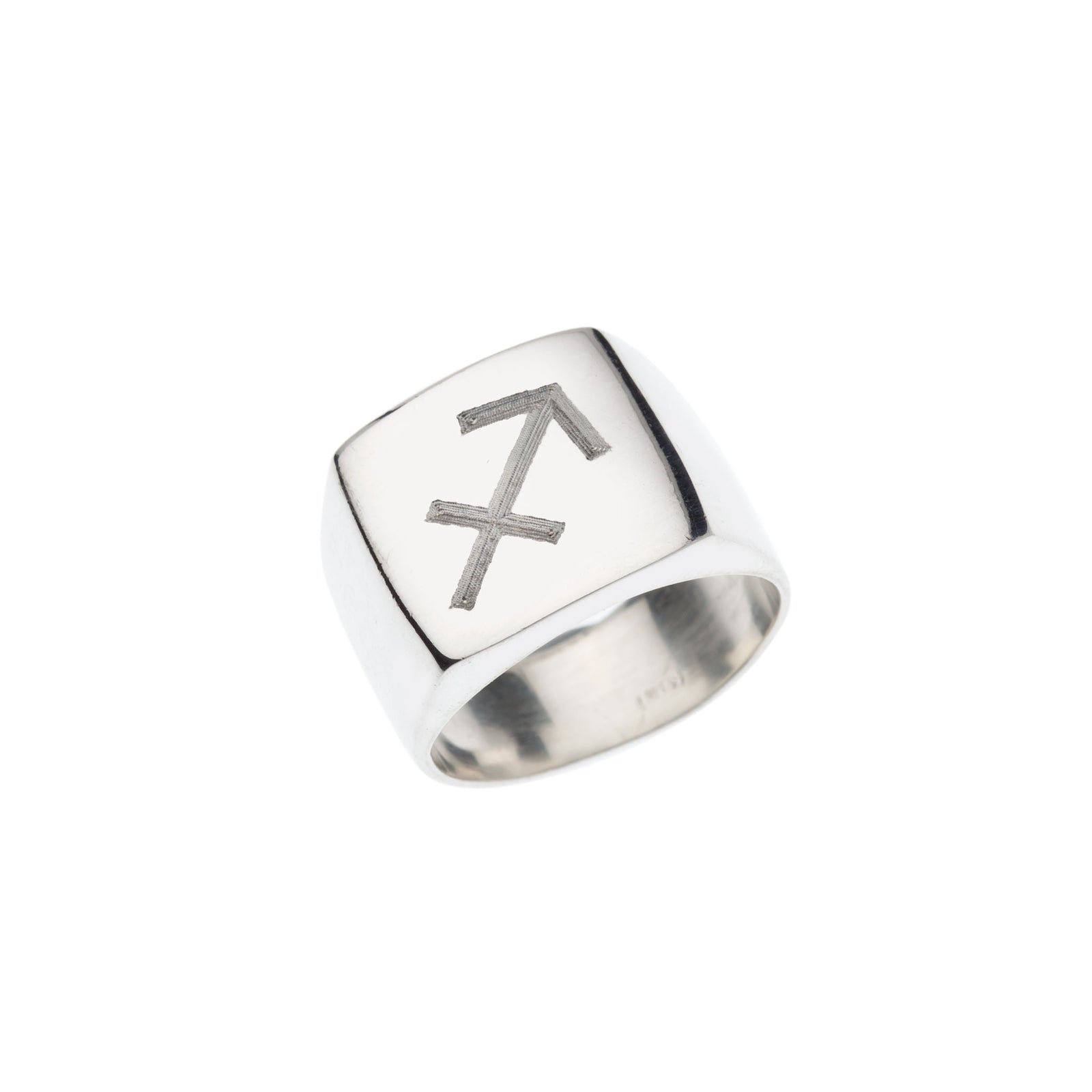 Square silver signet ring with engraved Sagittarius symbol.