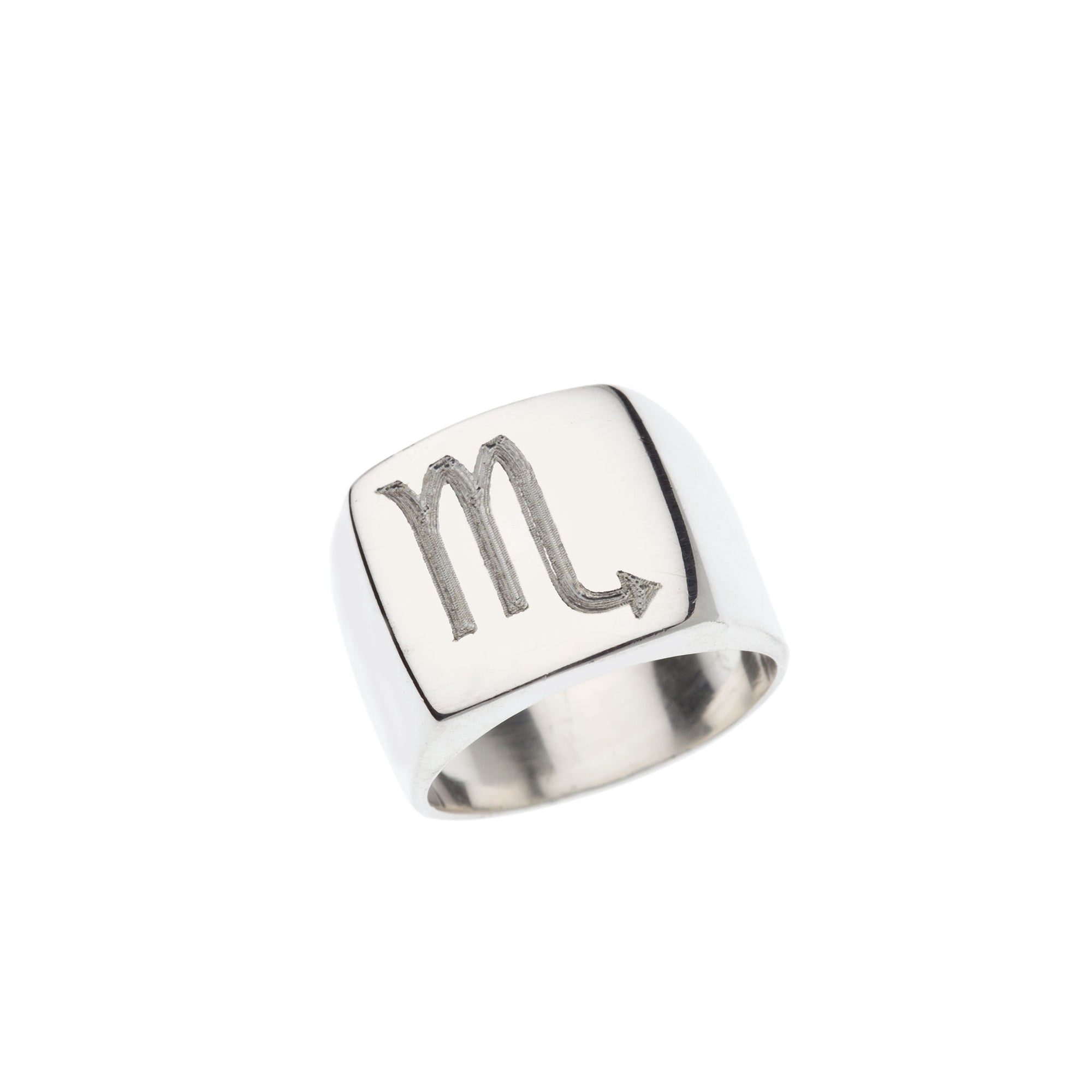Square silver signet ring with engraved Scorpio symbol.