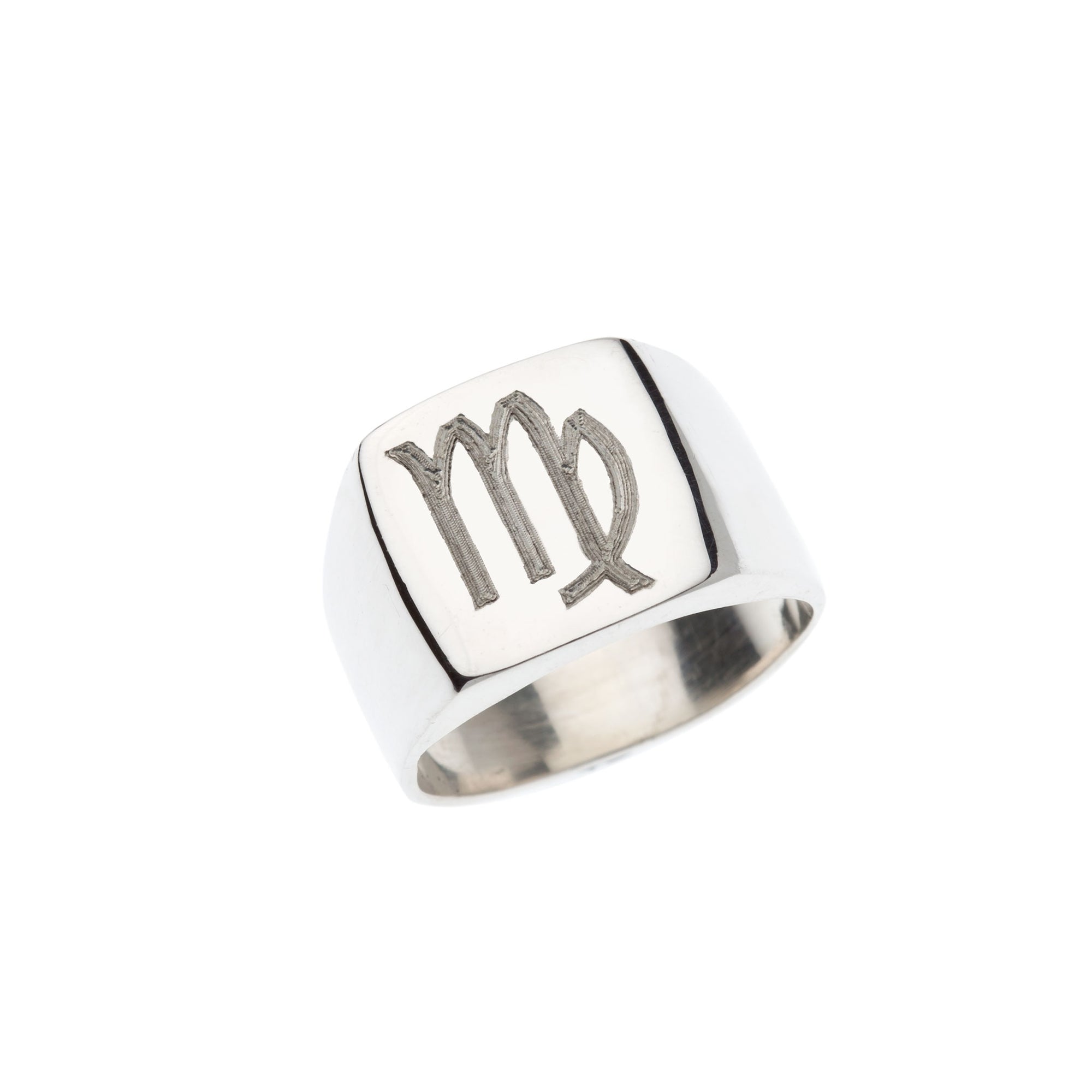 Square silver signet ring with engraved Virgo symbol.