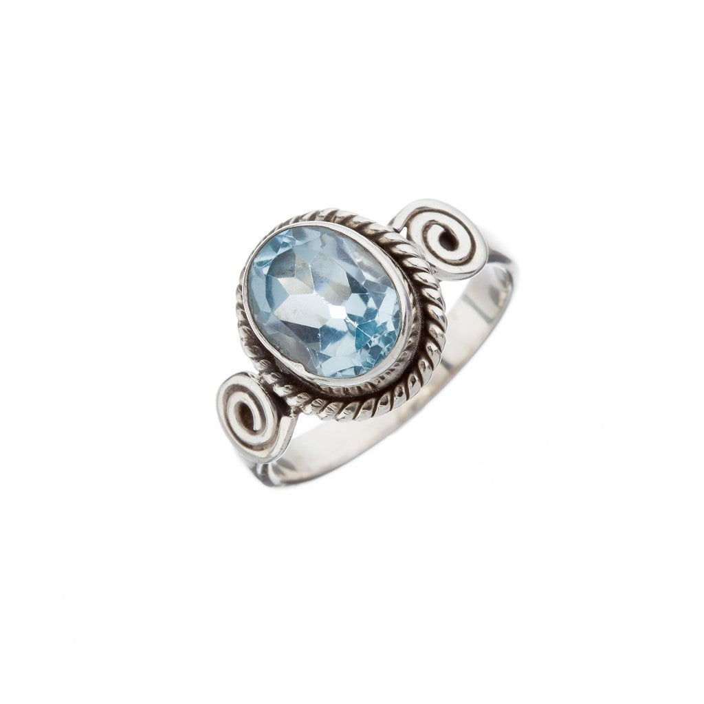 Stone Set Blue Topaz Silver Swirl Detail Ring - Brighton Silver