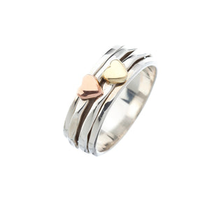 Des Narrow Tri-Colour Two Heart Silver Spinning Ring - Brighton Silver