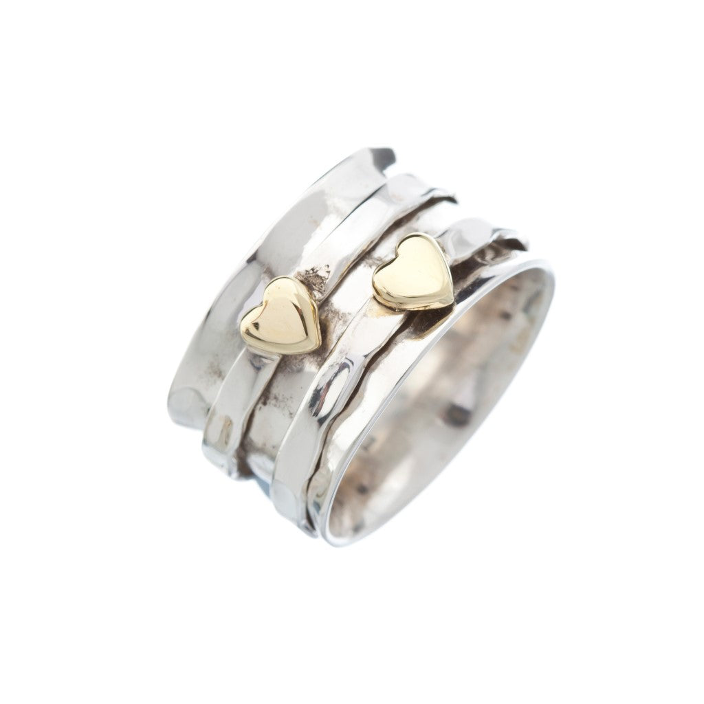 Des Two Brass Hearts Silver Spinning Ring - Brighton Silver