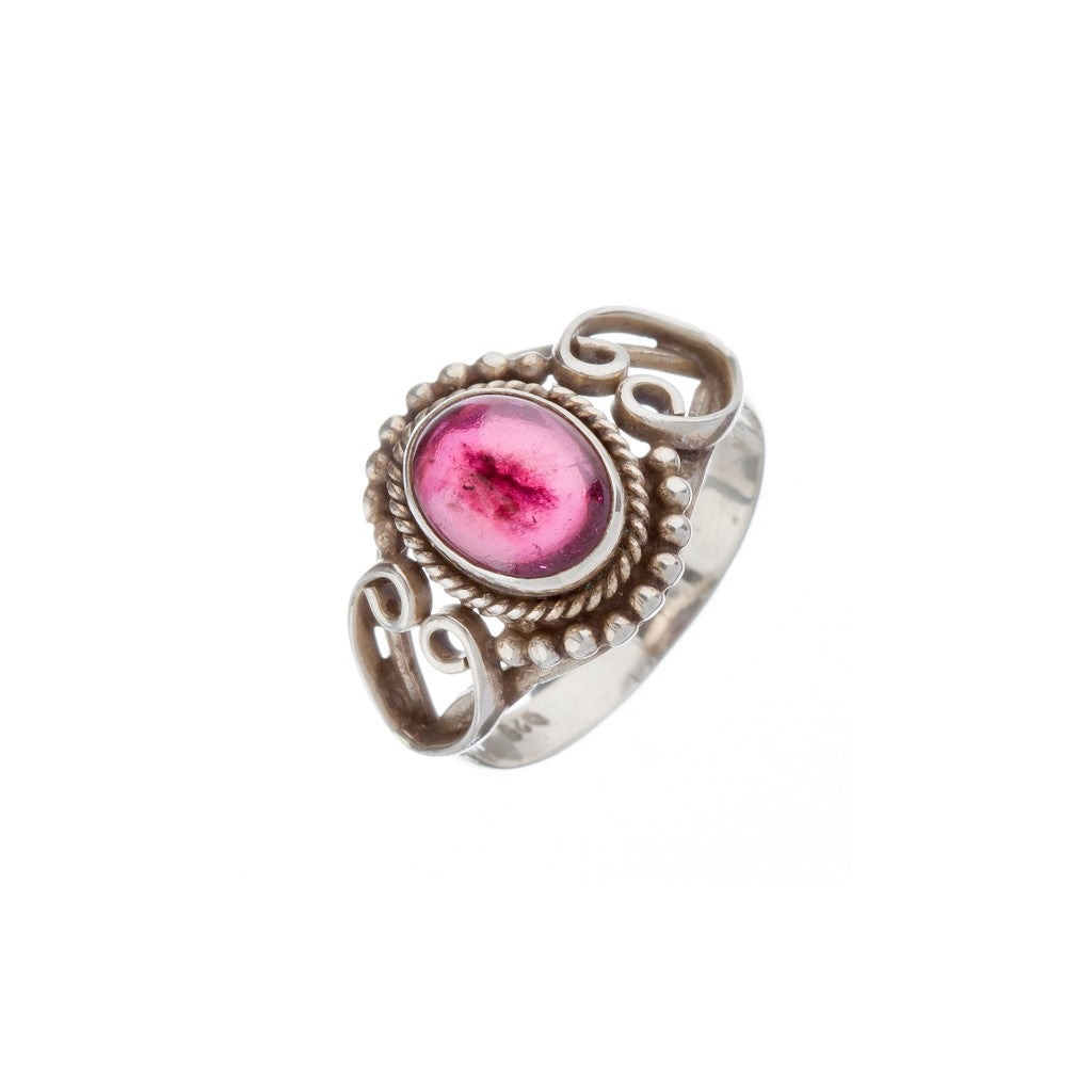 Stone Set Garnet Silver Heart Detail Ring - Brighton Silver