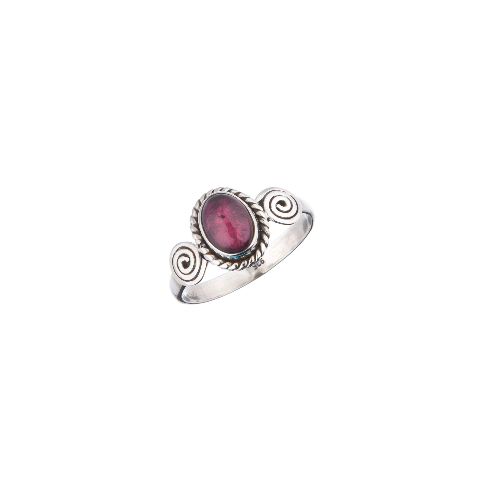 Stone Set Garnet Silver Swirl Detail Ring - Brighton Silver