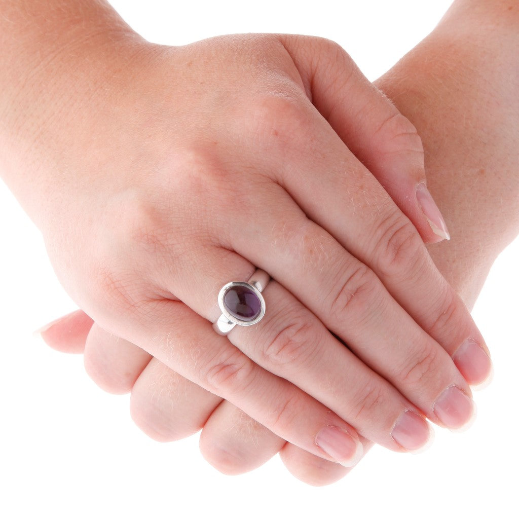 Oval Cabochon Stone Set Amethyst Silver Ring - Brighton Silver