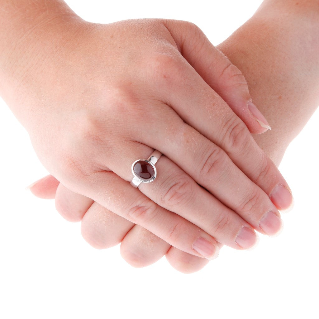 Oval Cabochon Stone Set Garnet Silver Ring - Brighton Silver