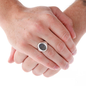 Oval Stone Set Labradorite Silver Signet Ring On Hand - Brighton Silver