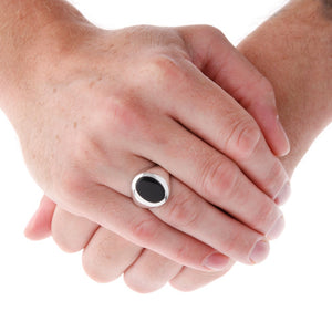Oval Stone Set Onyx Silver Signet Ring On Hand - Brighton Silver