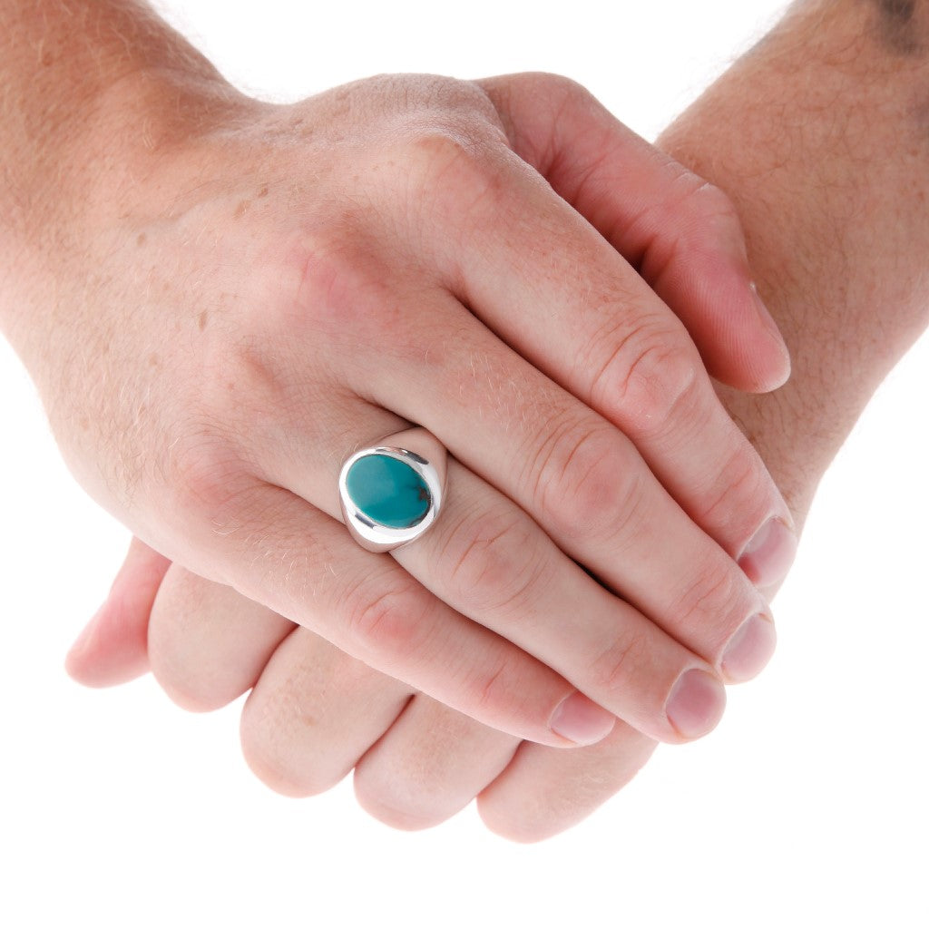 Oval Stone Set Turquoise Silver Signet Ring - Brighton Silver