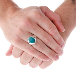 Oval Stone Set Turquoise Silver Signet Ring On Hand - Brighton Silver