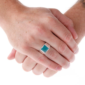 Square Stone Set Turquoise Silver Signet Ring On Hand - Brighton Silver