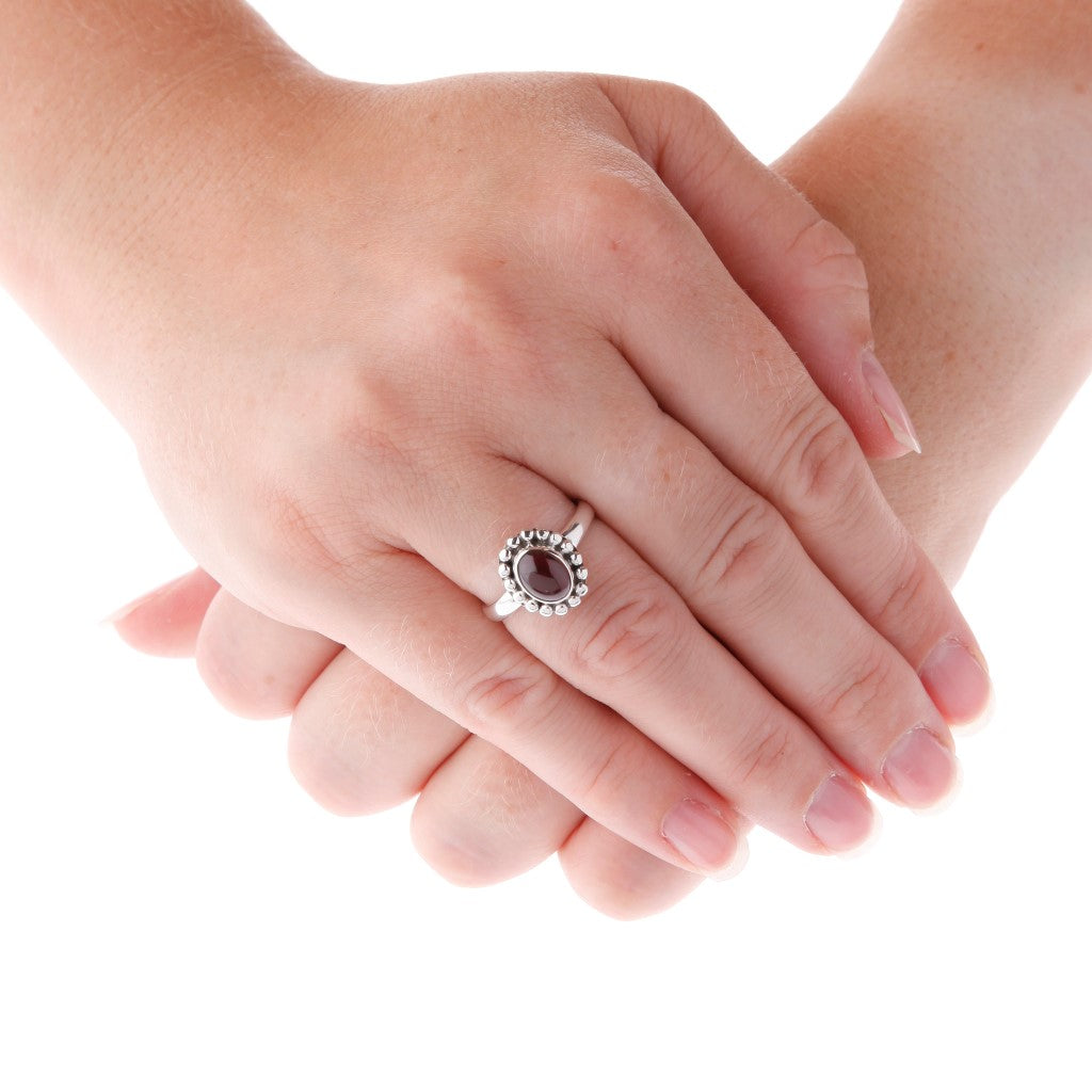 Stone Set Garnet Silver Beaded Ring - Brighton Silver