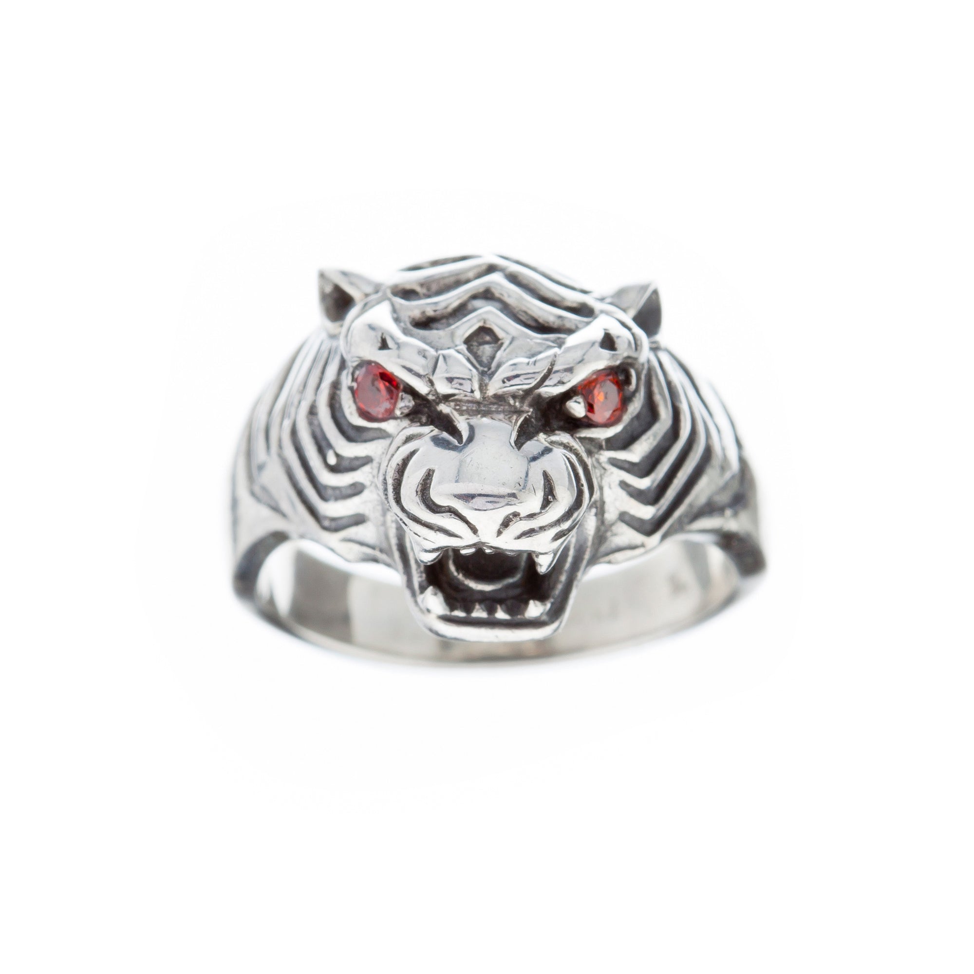 Silver Stone Set Garnet Tigers Head Ring - Brighton Silver
