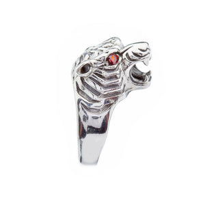 Silver Stone Set Garnet Tigers Head Ring - Brighton Silver
